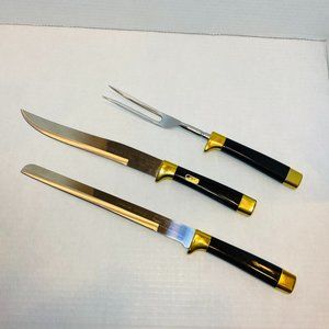 Vintage Regent Sheffield Carving 3 pc Knives Hollow Ground Stainless 24K Gold Pl